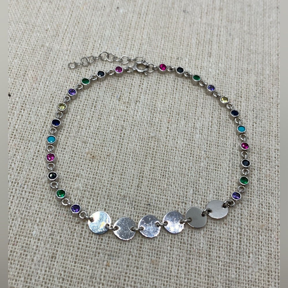 925 Sterling Silver Rainbow Cz & Reflective Disc bracelet Adjustable